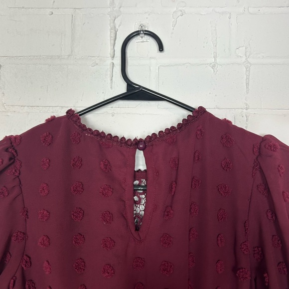 Heart & Heels Burgundy Textured Dress with Puff Short Sleeves - Picture 5 of 6